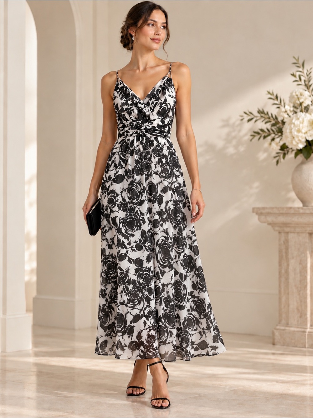 White House Black Market Black White Rose Floral Ruched Maxi Dress Size 6